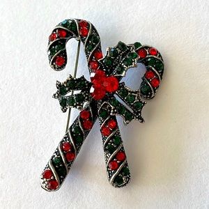 Christmas Candy Cane and Holly Fashion Brooch